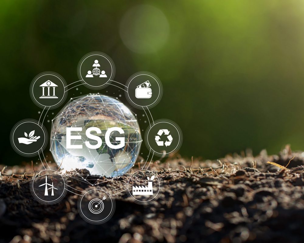 ESG concept of environmental, social, and governance. crystal globe with an ESG icon around it.The idea for sustainable organizational development. ​account the environment, society,
